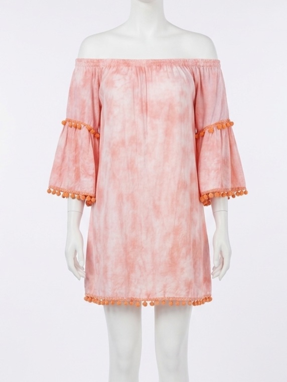 Exist Pink Tie Dye Off Shoulder Mini Dress Pom Pom Boho Festival Y2K OS